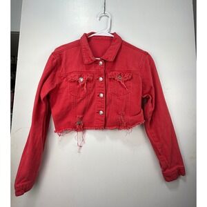Unbranded Red Distressed Cropped Denim Jacket Womens Small Streetwear Edge